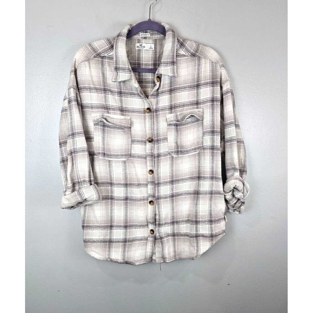 Hollister Shacket Women's L Grey Plaid Flannel Boyfriend Fit Lightweight Fall